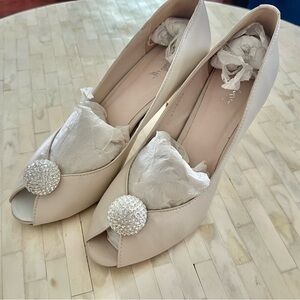 Ivory Peep-Toe Heels with Rhinestone Accents